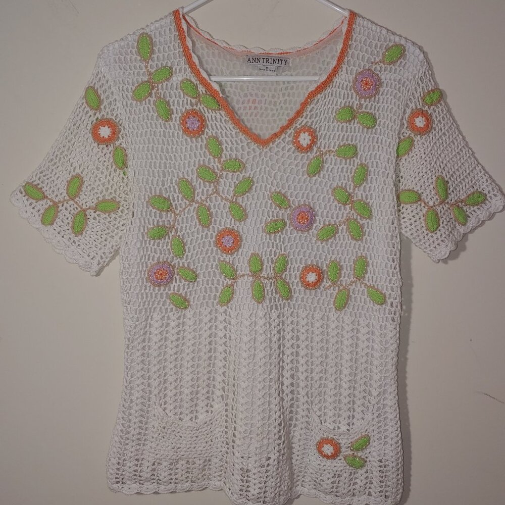 Ann Trinity Beaded Open-Wave Crocheted Embellished Cotton Top Size M White